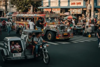 Jeepney and tricycle in a busy Philippine street, showing real local commuting in 2025.