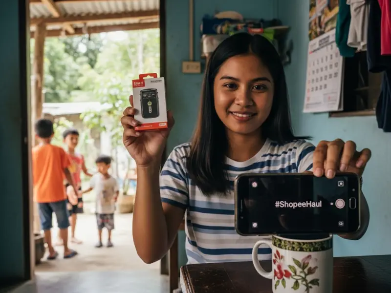 marketing dropshipping store philippines Filipina promoting dropshipping products through TikTok in a modest home.