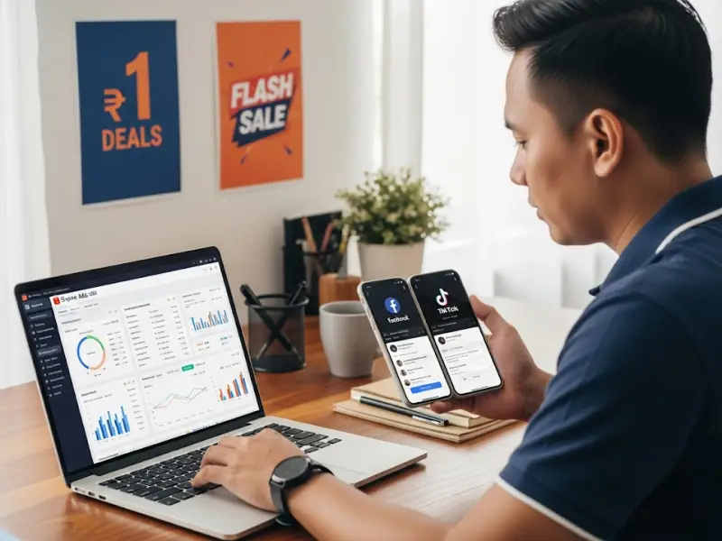 marketing shopee store philippines Filipino Shopee seller promoting store through ads and social media platforms.