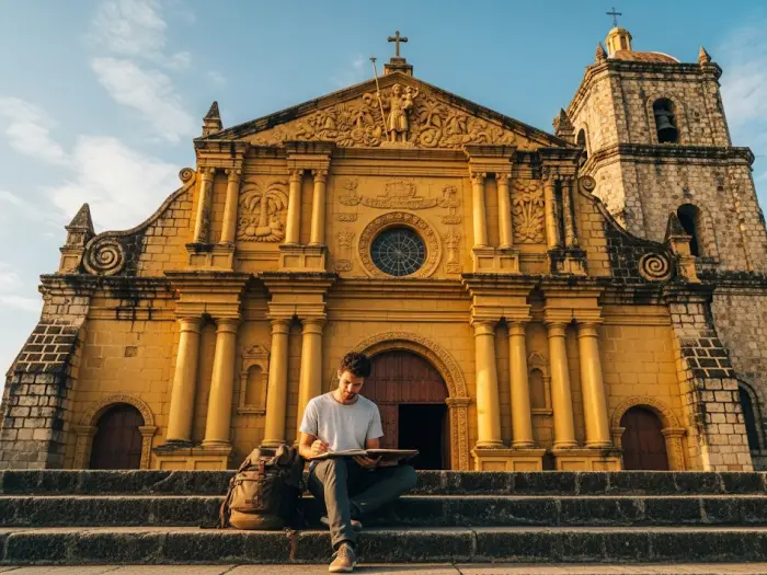 miagao church iloilo golden hour facade A solo traveler sketches the golden facade of the historic Miagao Church in Iloilo during the late afternoon.