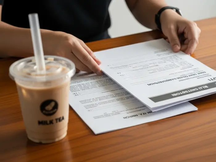 milk tea business permits A person handling official business permits and registrations, symbolizing the process of legalizing a new milk tea business.