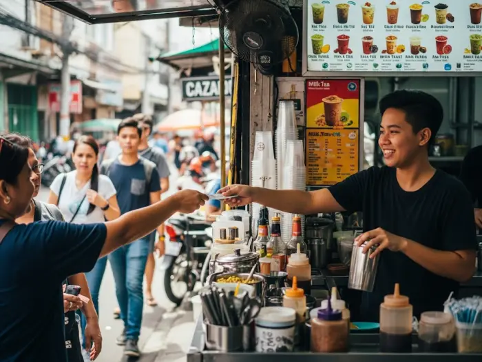 milk tea market trends A busy milk tea stall with a barista serving customers, showing the high demand and business activity in the Philippines.