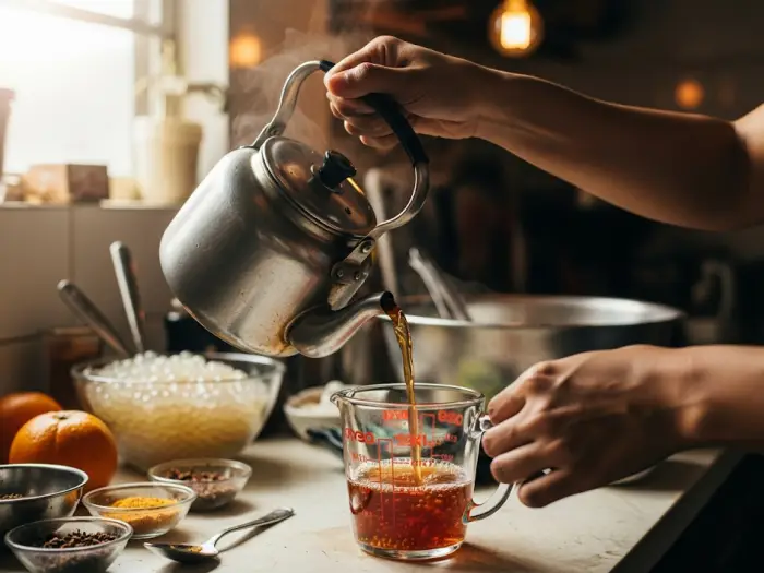 milk tea recipe preparation Hands preparing a milk tea base in a home kitchen, highlighting the brewing and mixing process for a new business.