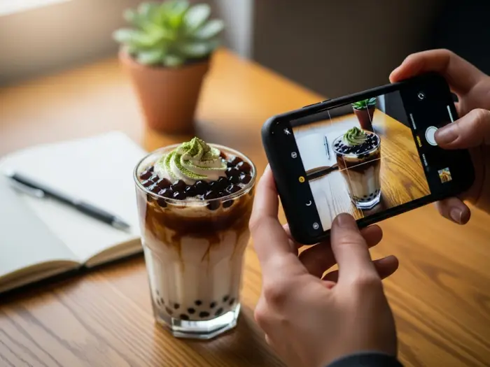milk tea social media marketing A person takes a smartphone photo of a fresh milk tea drink to post on social media, showcasing a brand marketing strategy.