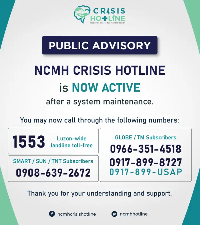 ncmh crisis hotline numbers Phone numbers showing NCMH Hotline numbers