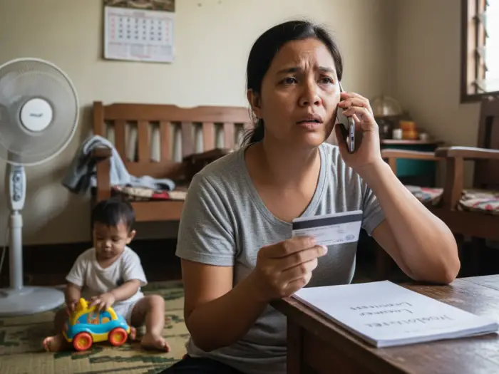 negotiate credit card debt philippines Filipino mother negotiating credit card debt PH over the phone at home.