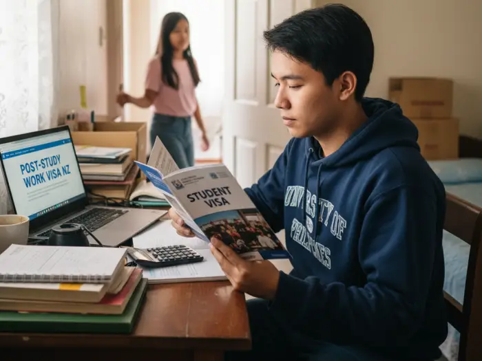 new zealand student visa pinoy Filipino student reviewing NZ student visa and work-to-residency pathway at home.