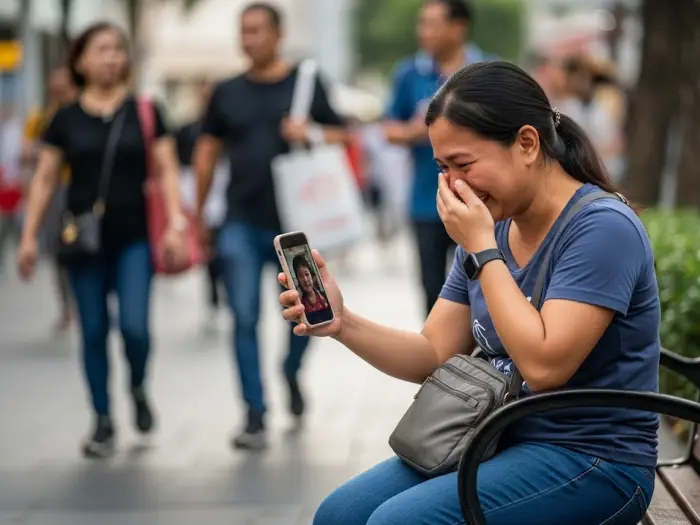 ofw domestic helper day off video call Filipina domestic helper smiling tearfully while video calling her child on a park bench.