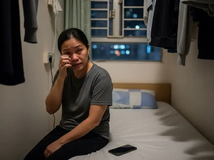 ofw domestic helper hongkong story Filipina domestic helper in Hong Kong wiping tears at night inside a small room.