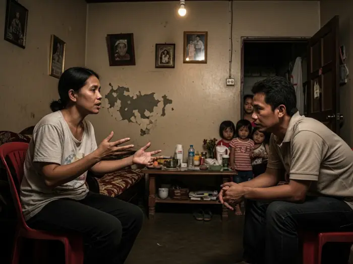 ofw family discussion departure A Filipino family discussing the mother’s decision to work abroad as a helper.