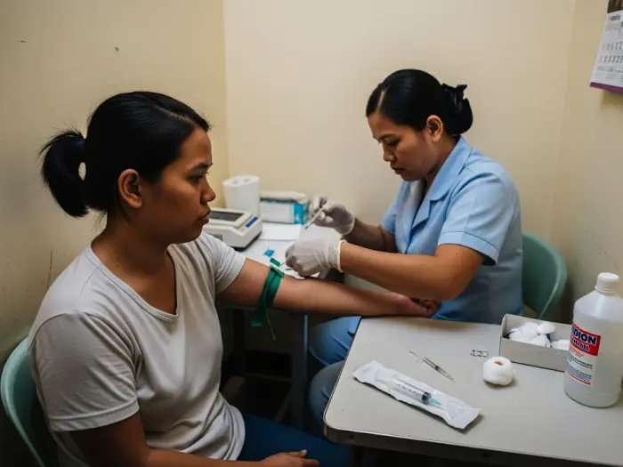 ofw medical exam blood test Filipina domestic helper nervously undergoing a blood test at a medical clinic.