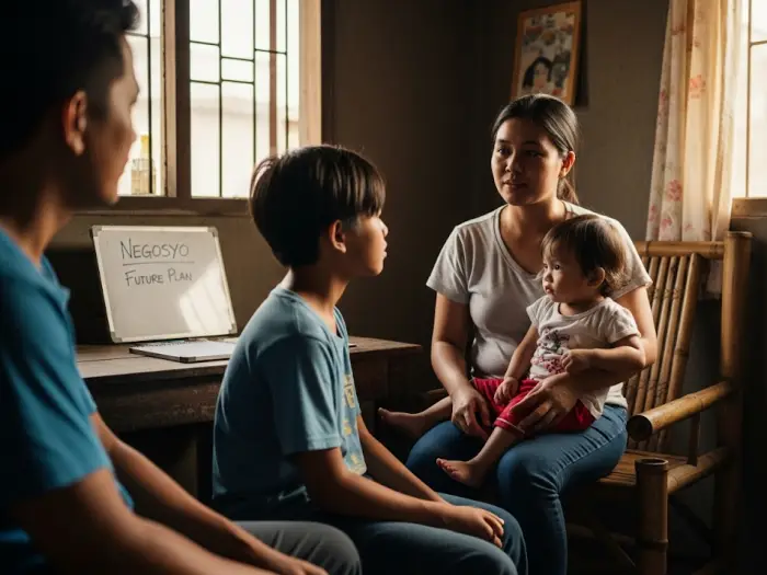ofw returning home family reintegration planning Returning OFW mother in the Philippines discussing future plans with her children.