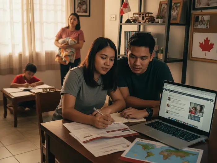 overview pathways canada philippines Filipino aspiring to migrate to Canada and reviewing immigration pathways on laptop at home.