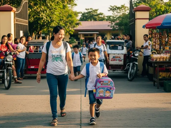 parenting bullying advice philippines Filipino parent protecting child from bullies while leaving school in Philippines.