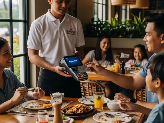 philippines credit debit card payments Customer paying with a Visa card at a restaurant in the Philippines.