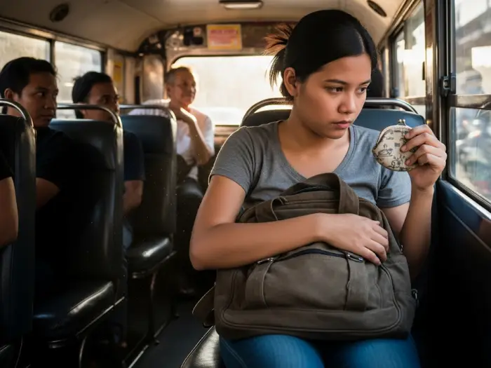 philippines money safety tips commuting Commuter securing her bag while holding small cash inside a jeepney.