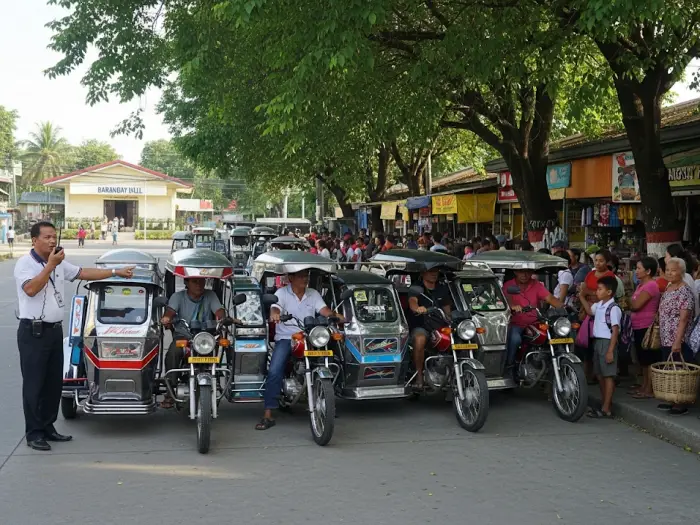 philippines tricycle terminal barangay Tricycle terminal in the Philippines with passengers boarding and fare chart visible.