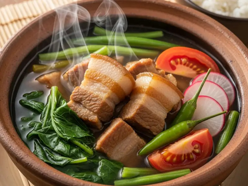 pork sinigang kangkong Pork sinigang with kangkong, string beans, radish, and tomatoes in a clay bowl.