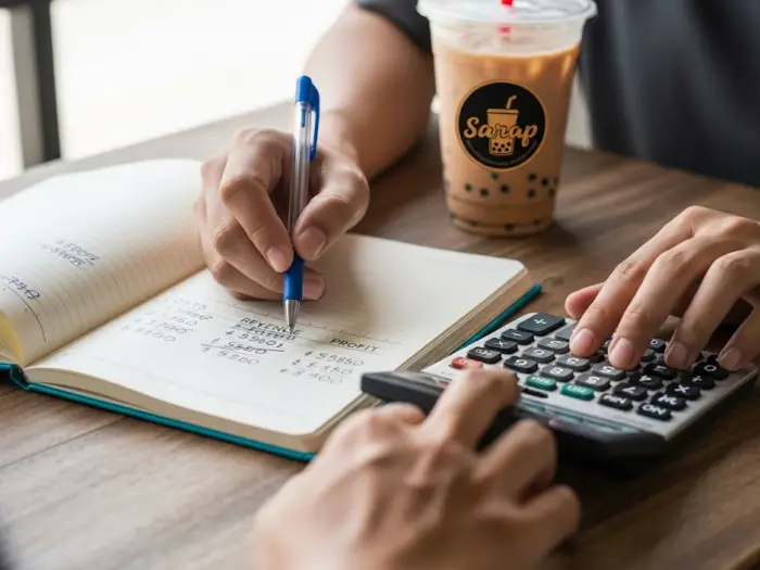 pricing and profit A small business owner calculating milk tea costs and profit margins with a calculator and a notebook.