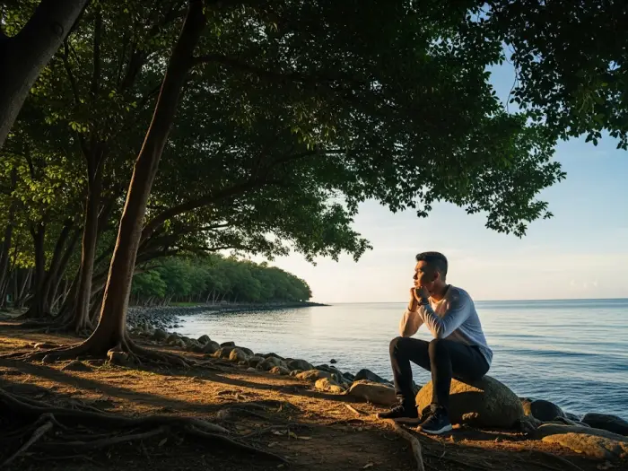 rizal shrine dapitan mi retiro rock contemplation A young man sits by the sea at the Rizal Shrine in Dapitan, looking out thoughtfully during the morning.