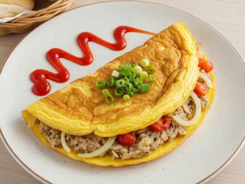 sardine omelet Sardine omelet with bits of tomato and onion, served with ketchup on the side.