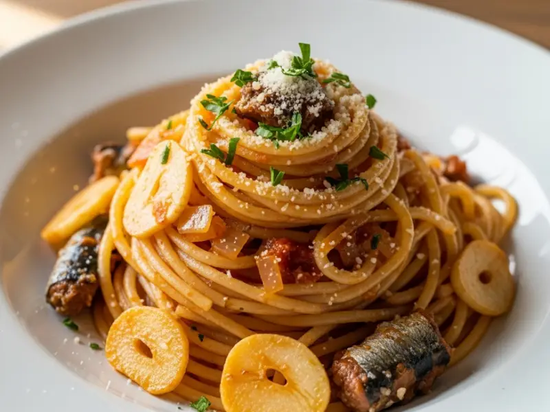 sardine spaghetti Spaghetti coated with sardine tomato sauce and grated cheese.