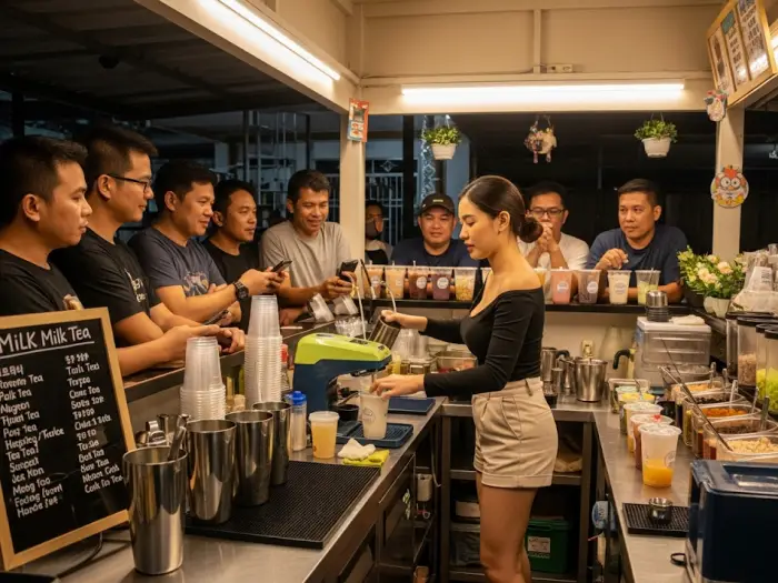 scaling milk tea business A busy entrepreneur manages a successful milk tea stall, showcasing the growth and scaling of a small business.