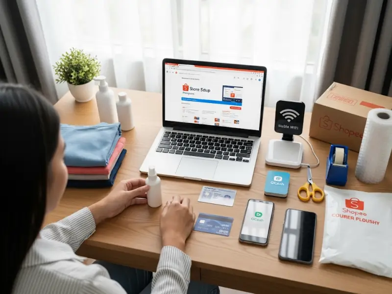 shopee essentials for beginners Laptop, phone, and basic supplies prepared for starting a Shopee store in the Philippines.
