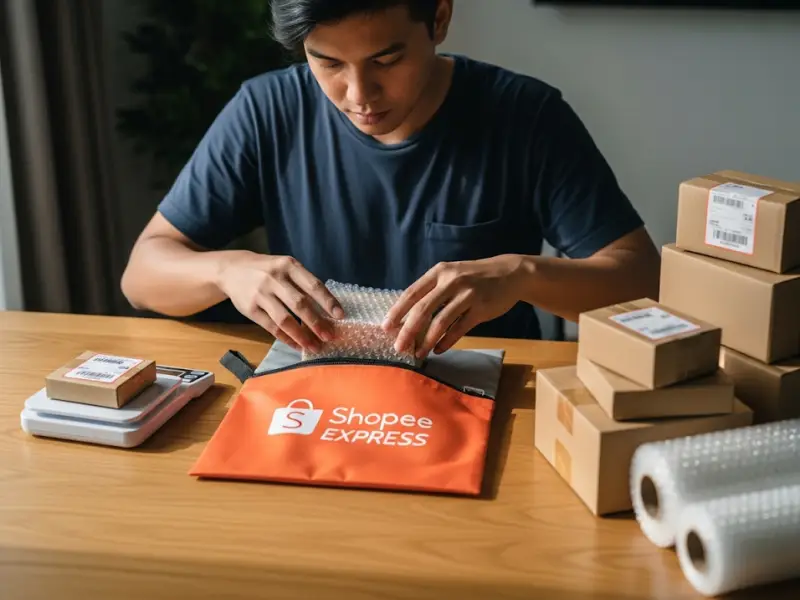 shopee shipping setup philippines Shopee seller preparing packages with courier pouch, bubble wrap, and weighing scale.