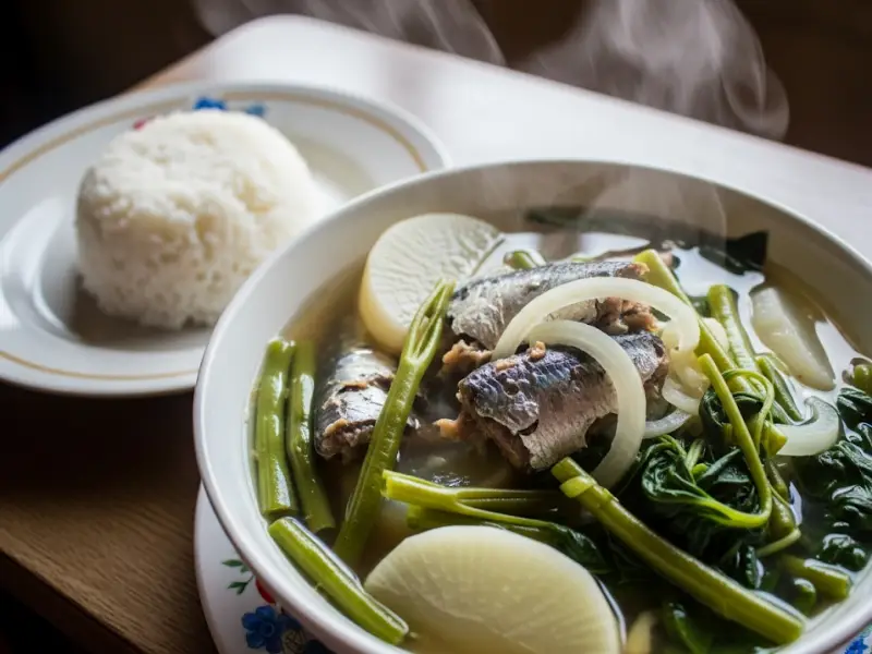 sinigang na sardinas Bowl of sinigang na sardinas with vegetables in a tamarind broth.