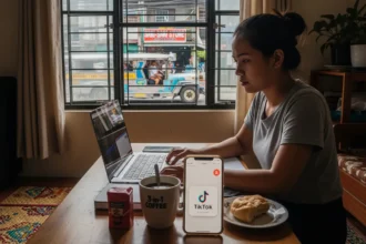 Young Filipino freelancer working from home as a social media manager.