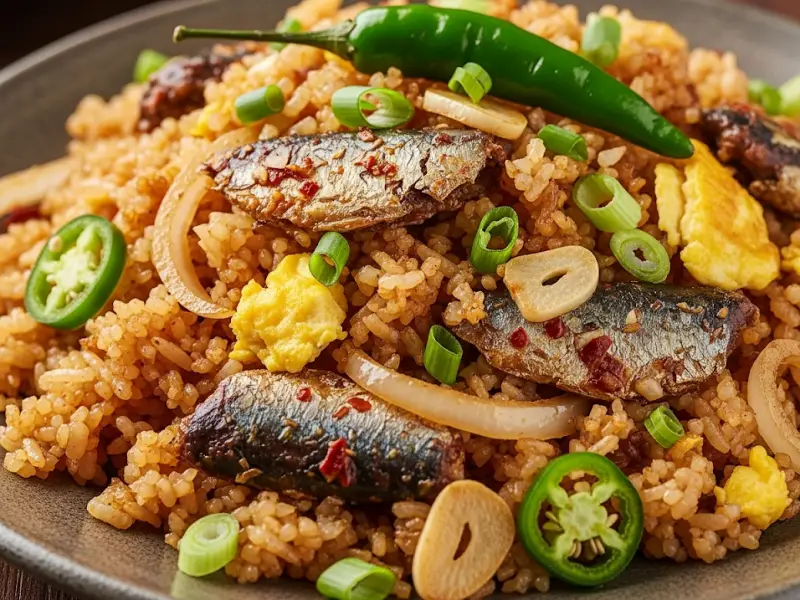 spicy sardine fried rice Spicy sardine fried rice with egg and spring onions.