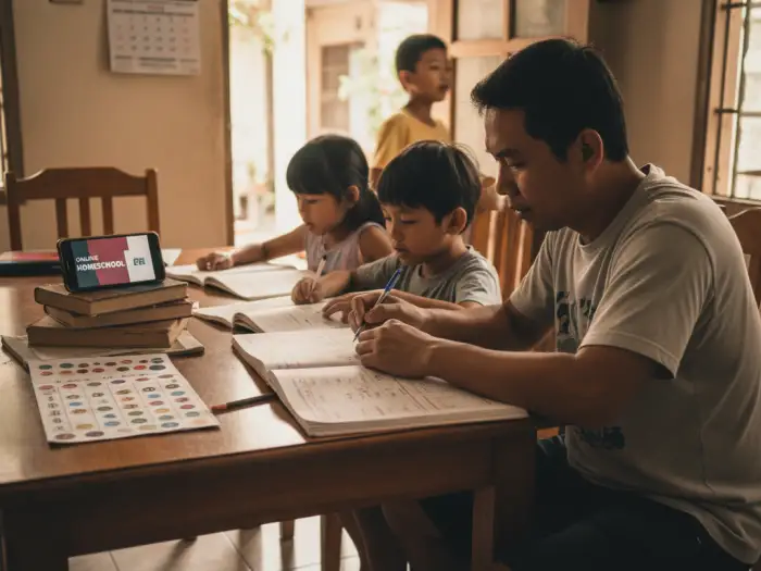 teach track progress homeschool philippines Filipino father teaching kids and tracking homeschool progress in the Philippines.