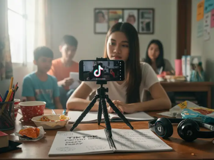 tiktok content ideas pinoy Filipino beginner brainstorming TikTok content ideas Pinoy at home.
