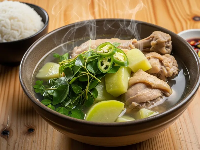 tinolang manok sayote malunggay 1 Bowl of tinolang manok with sayote and malunggay served with rice.
