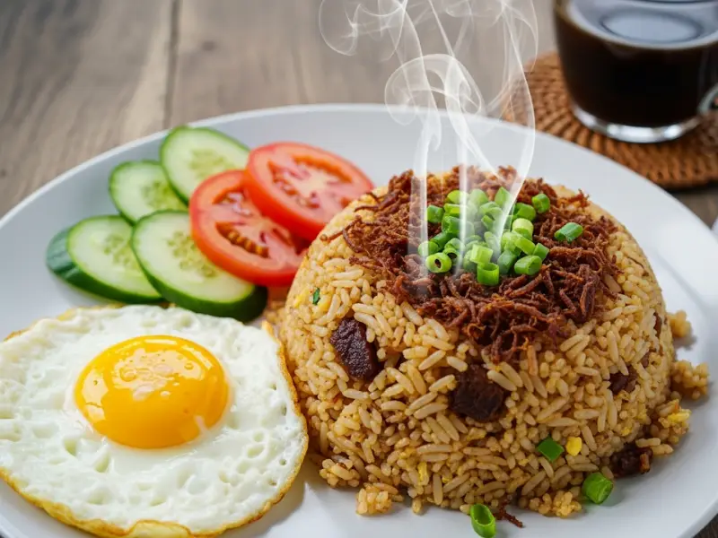 tinolang manok sayote malunggay Adobo flakes fried rice with sunny-side-up egg and vegetables on the side.