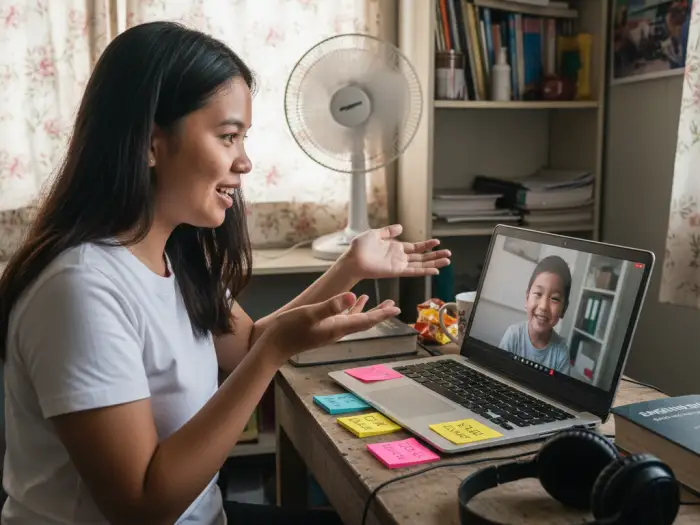 tips success online tutor philippines Filipino online tutor teaching enthusiastically with success tips in mind.