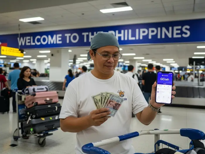 tourist balikbayan money guide philippines Balikbayan holding pesos and using GCash app upon arrival in the Philippines.