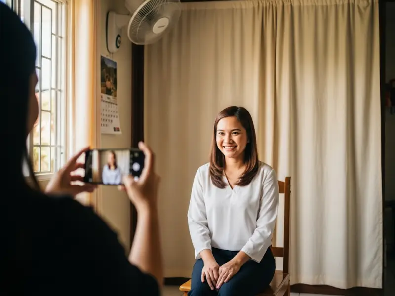 upwork profile photo filipina Filipina freelancer posing for an Upwork profile photo at home.