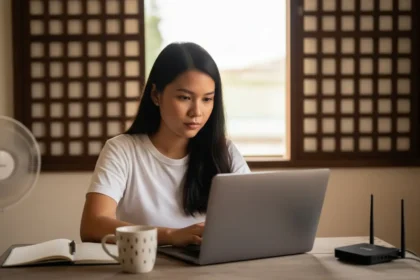 Filipino working from home as a virtual assistant with laptop and coffee.