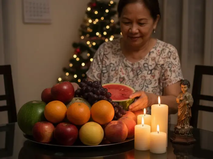 12 round fruits filipino new year abundance Filipino mother arranging 12 round fruits on the table for good luck on New Year’s Eve.