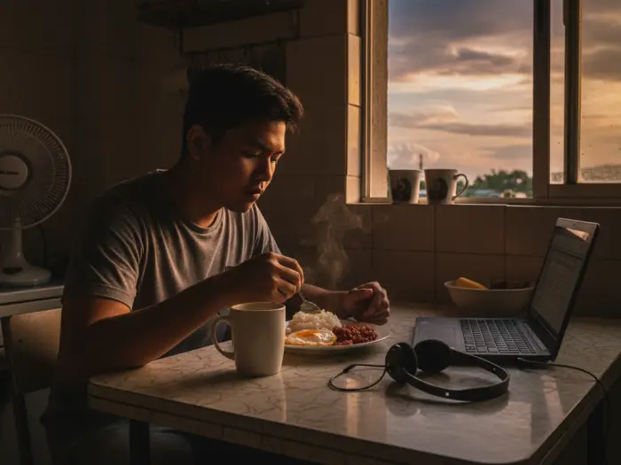 adjust body clock night shift pinoy sleep habits Filipino call center worker eating breakfast at sunset to adjust body clock.