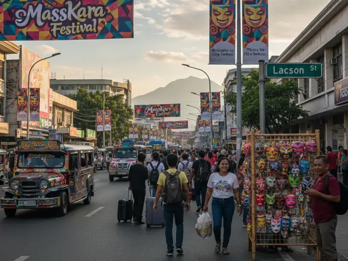 bacolod masskara travel street view Bacolod City streets decorated with banners and masks during the MassKara Festival.
