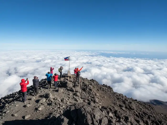 best time to climb mount apo weather tips Clear morning view from Mount Apo summit showing clouds and hikers.