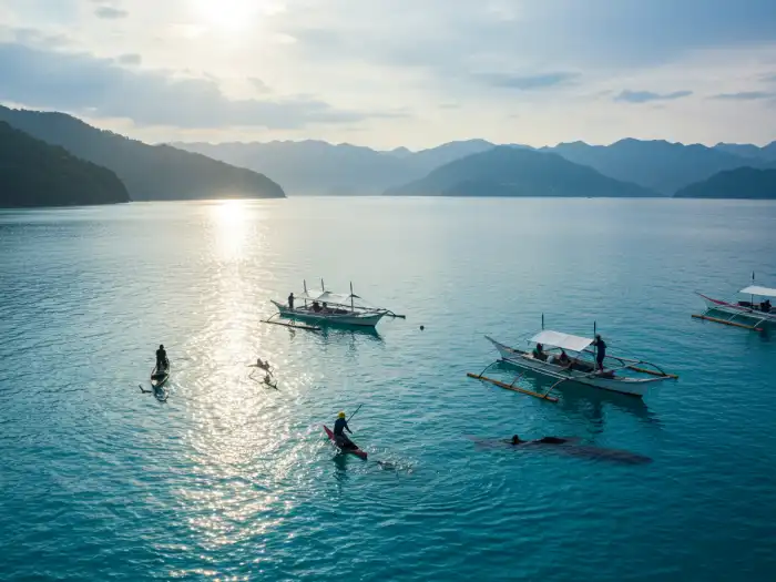 best time to see whale sharks oslob cebu Early morning sea in Oslob, Cebu with local fishermen spotting whale sharks.