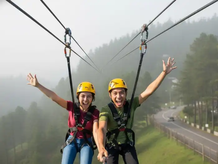 cagayan de oro zipline canyon adventure philippines Tourists ziplining over a canyon in Cagayan de Oro, a popular adventure beyond rafting.
