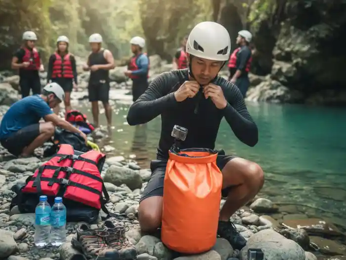 canyoneering safety gear what to bring kawasan falls Filipino traveler preparing safety gear before starting Kawasan Falls canyoneering.