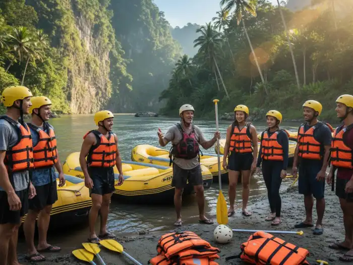 cdo whitewater rafting briefing guide riverbank Cagayan de Oro rafting guide giving safety instructions to tourists before river launch.