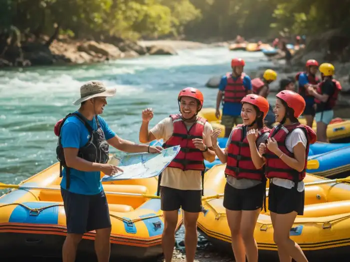 cdo whitewater rafting guides faqs tourists Local guide talking to tourists before rafting in Cagayan de Oro River.