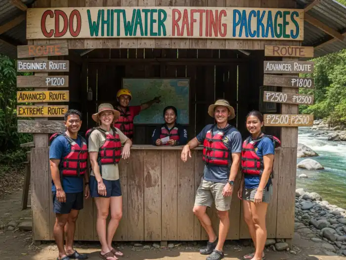 cdo whitewater rafting tour packages budget Tourists checking rafting tour rates at a booking booth in Cagayan de Oro.